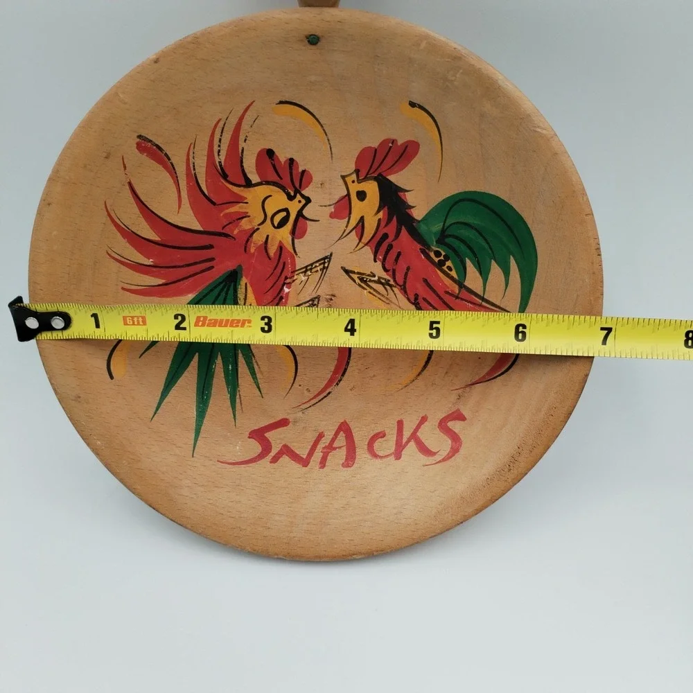Vintage Hand Painted Wooden Rooster Snack Bowl Handle MCM‎ Folk Art Foreign Mark